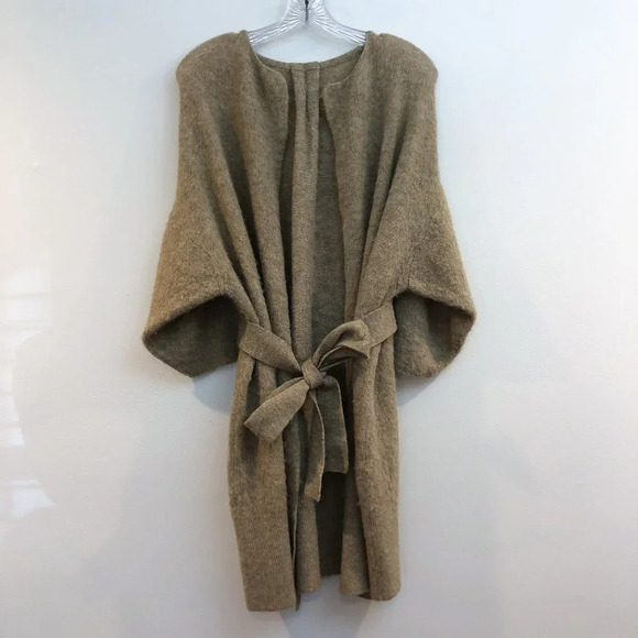 American Vintage Cream Tight Knit Tie Waist Open Quarter Sleeve Cardigan Sweater - Picture 3 of 10